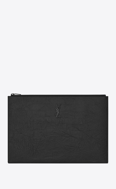 saint laurent dokumentenmappe aus schwarzem leder mit krokodillederprägung mit reißverschluss